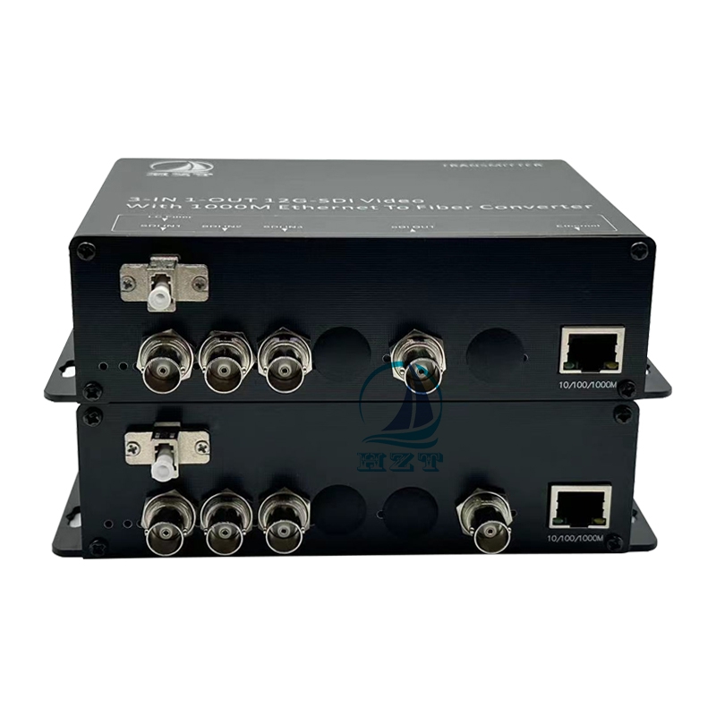 3-IN 1-OUT 12G-SDI Video+10/100/1000M Ethernet To Fiber Converter 