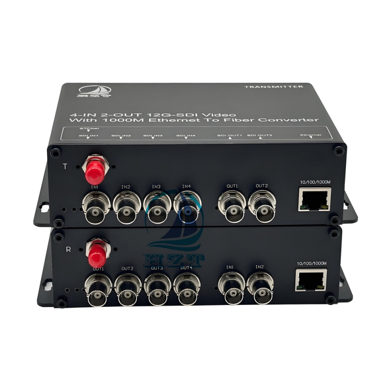 4-ch 12G-SDI Video Input+ 2-ch Return 12G-SDI +1 port 10/100/1000M Ethernet to Fiber Converter 
