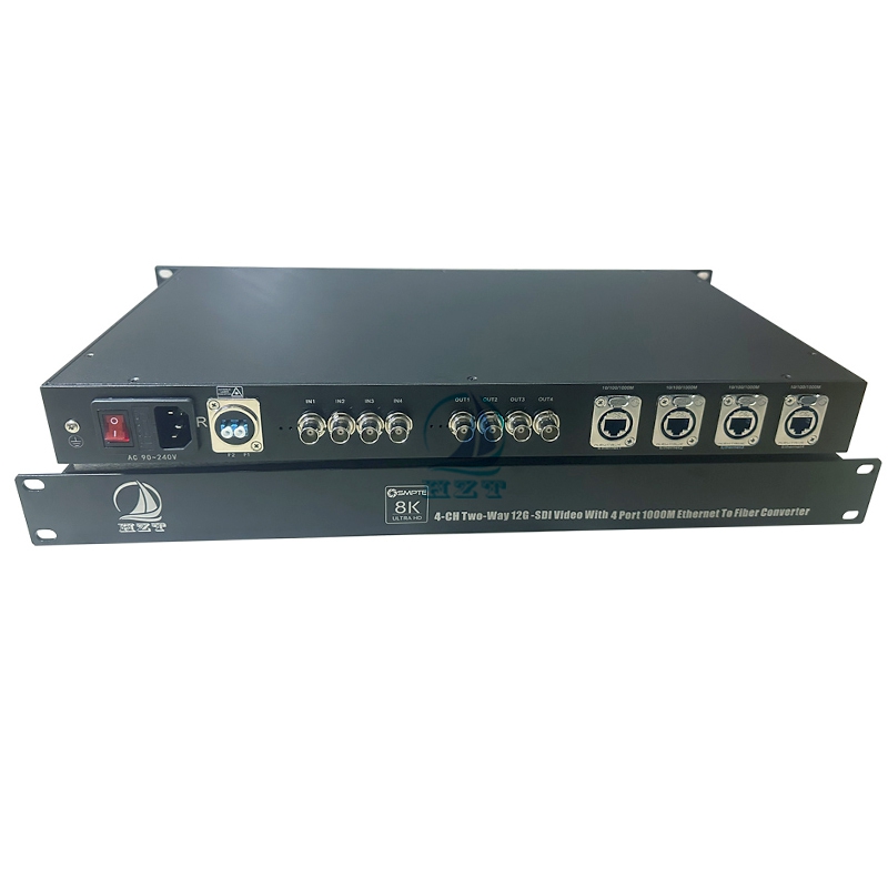 4-CH Two-way 12G-SDI With 4-CH Independent 1000M Ethernet To Fiber Converter 